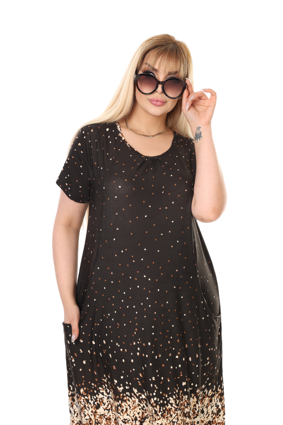 Melsay Butik Siyah Puanlı Eteği Leopar Desen Kuplu Cepli Kısa Kol Kadın Midi Elbise