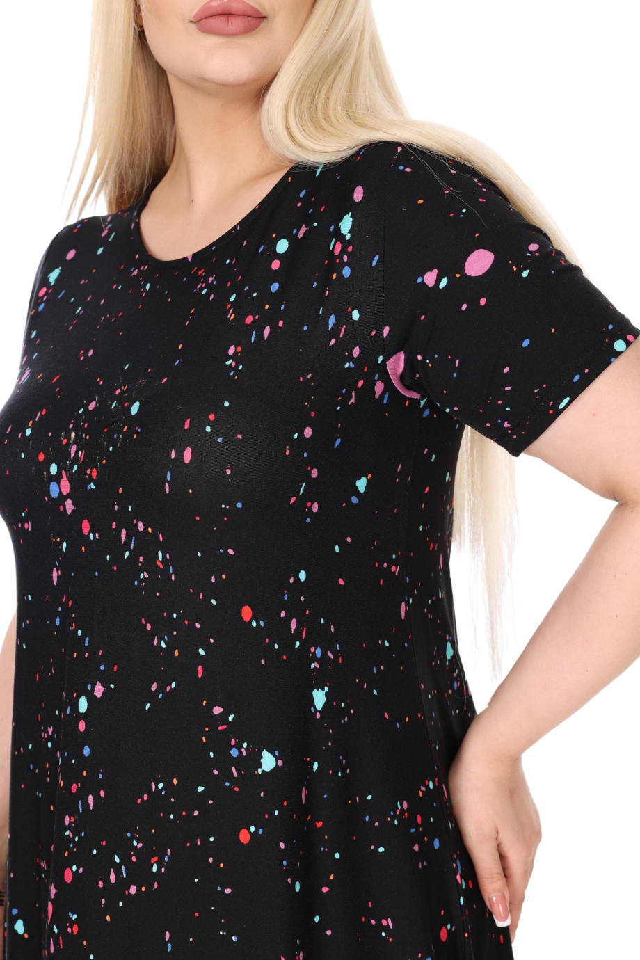 Melsay Butik Siyah Renkli Reflektör Desen Asimetrik Kısa Kollu Elbise