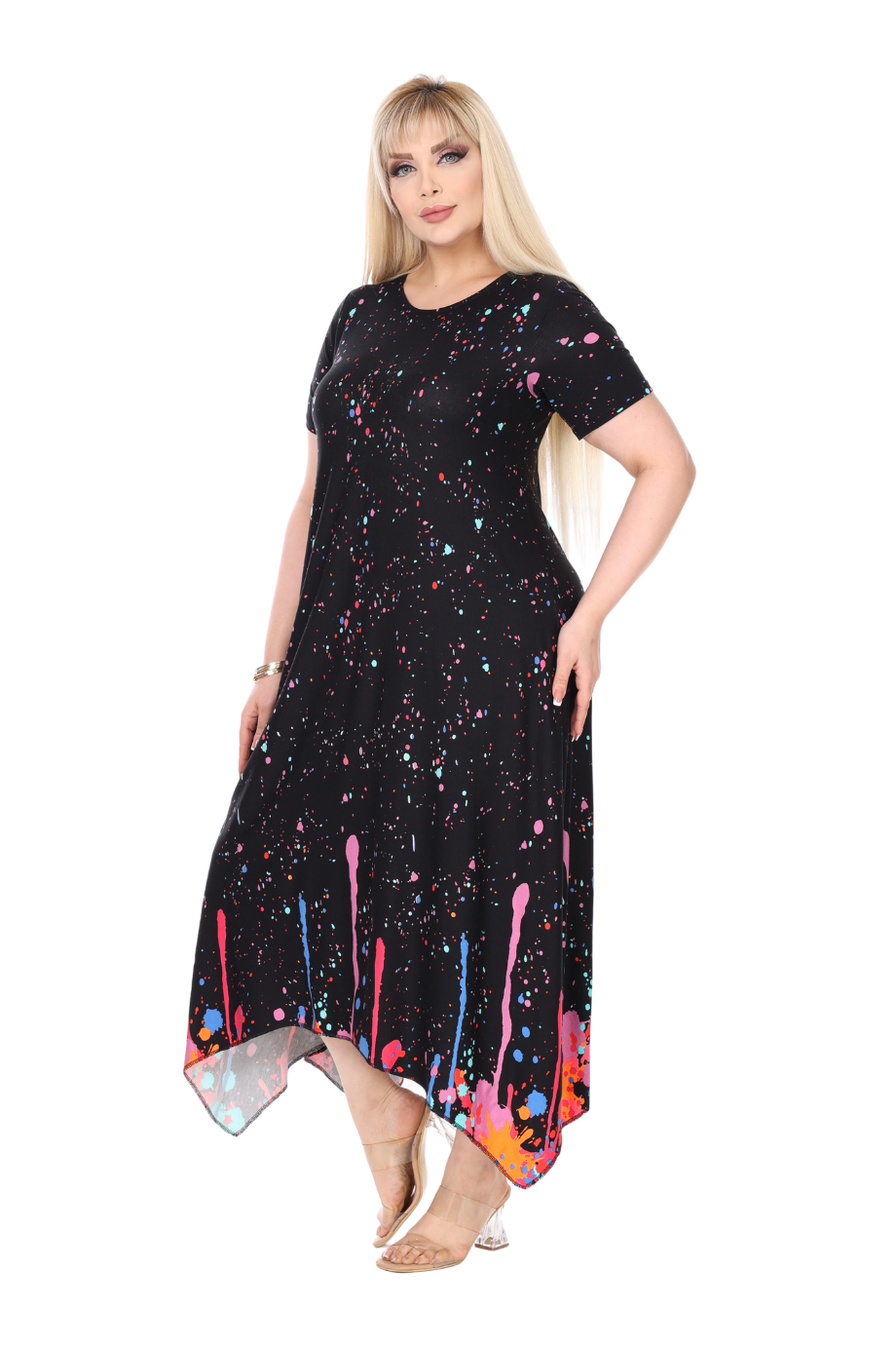 Melsay Butik Siyah Renkli Reflektör Desen Asimetrik Kısa Kollu Elbise