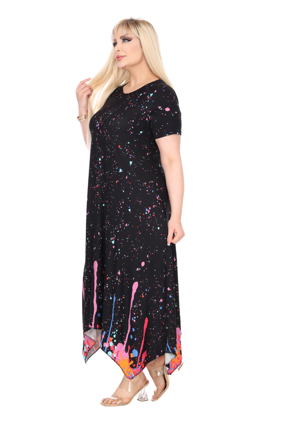 Melsay Butik Siyah Renkli Reflektör Desen Asimetrik Kısa Kollu Elbise