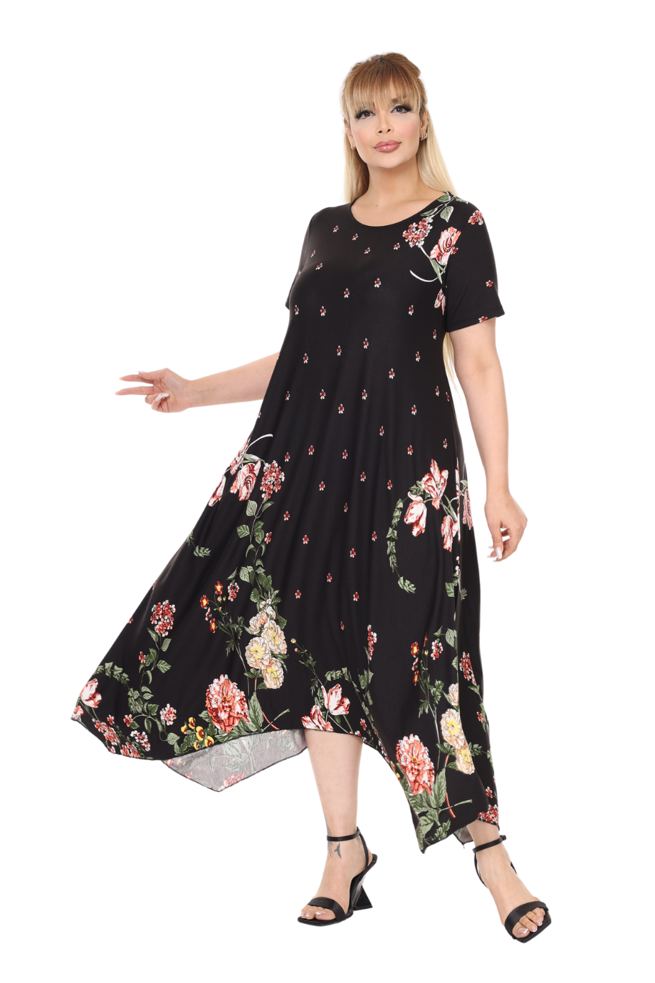 Melsay Butik Siyah Sulu Pembe Çiçek Desen Asimetrik Kısa Kollu Elbise