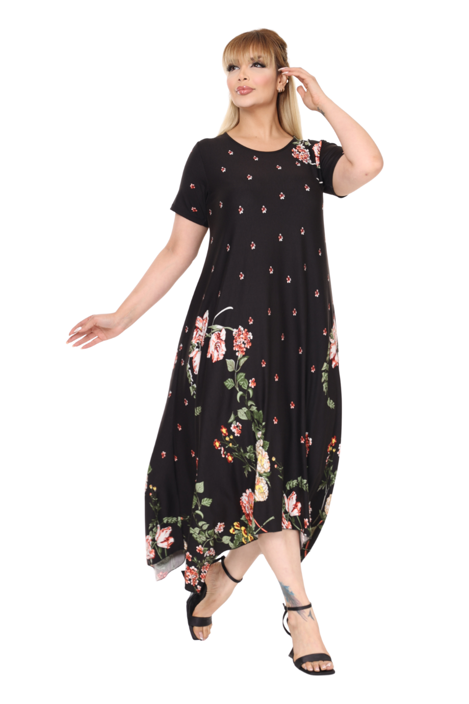 Melsay Butik Siyah Sulu Pembe Çiçek Desen Asimetrik Kısa Kollu Elbise