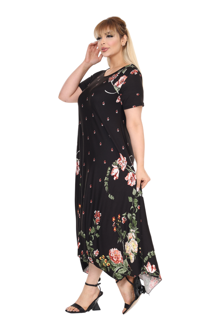Melsay Butik Siyah Sulu Pembe Çiçek Desen Asimetrik Kısa Kollu Elbise