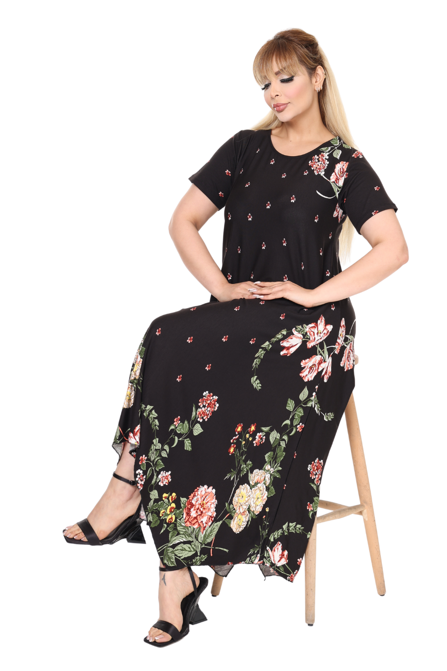 Melsay Butik Siyah Sulu Pembe Çiçek Desen Asimetrik Kısa Kollu Elbise
