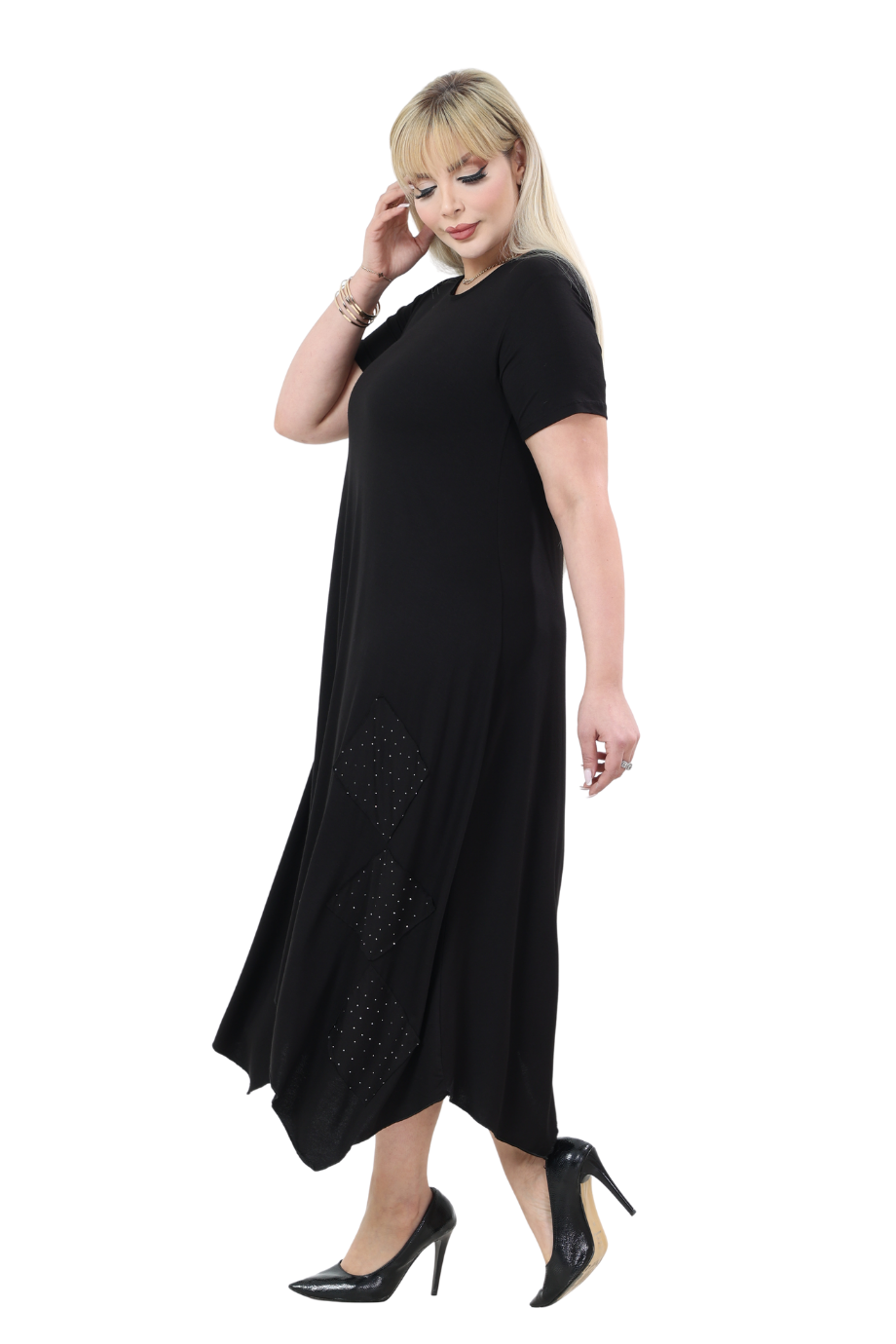 Melsay Butik Siyah Taş Baskılı Asimetrik Kısa Kollu Elbise
