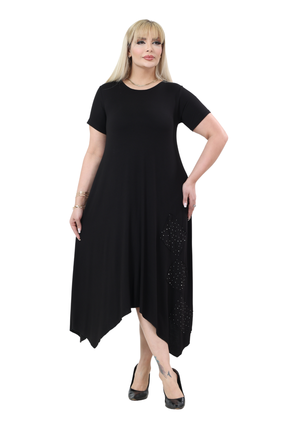 Melsay Butik Siyah Taş Baskılı Asimetrik Kısa Kollu Elbise