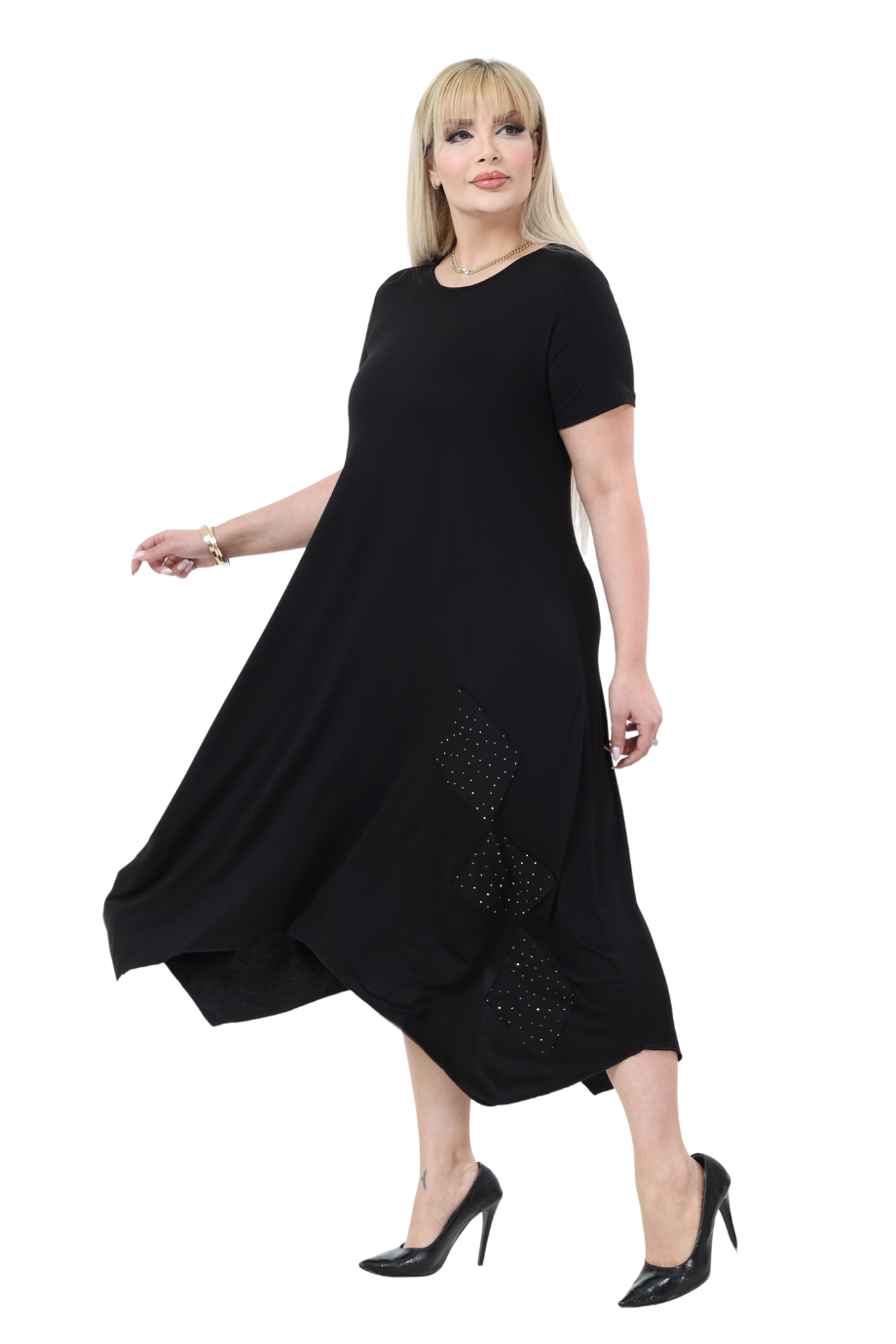 Melsay Butik Siyah Taş Baskılı Asimetrik Kısa Kollu Elbise