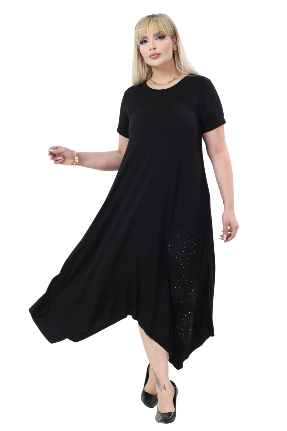 Melsay Butik Siyah Taş Baskılı Asimetrik Kısa Kollu Elbise