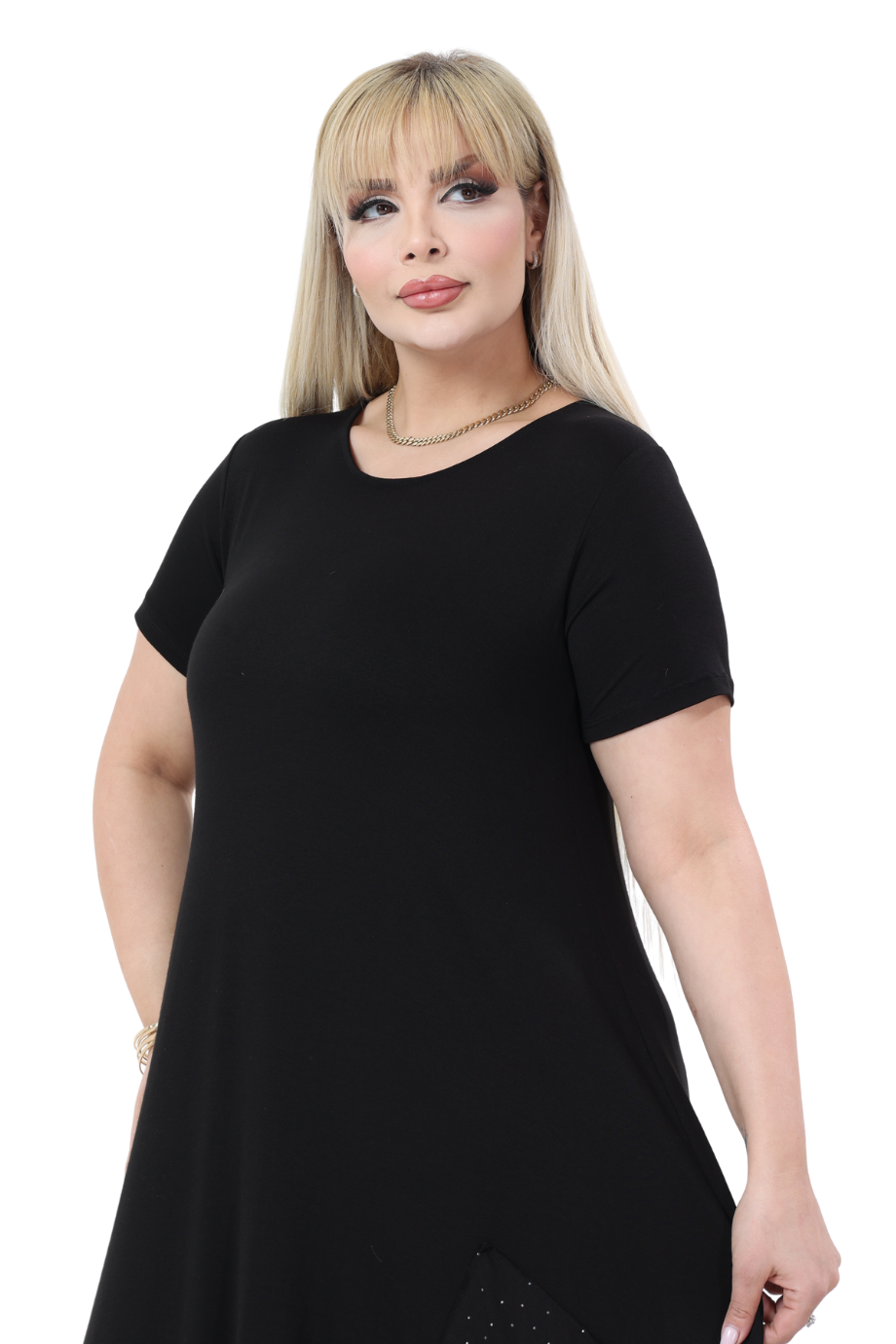 Melsay Butik Siyah Taş Baskılı Asimetrik Kısa Kollu Elbise