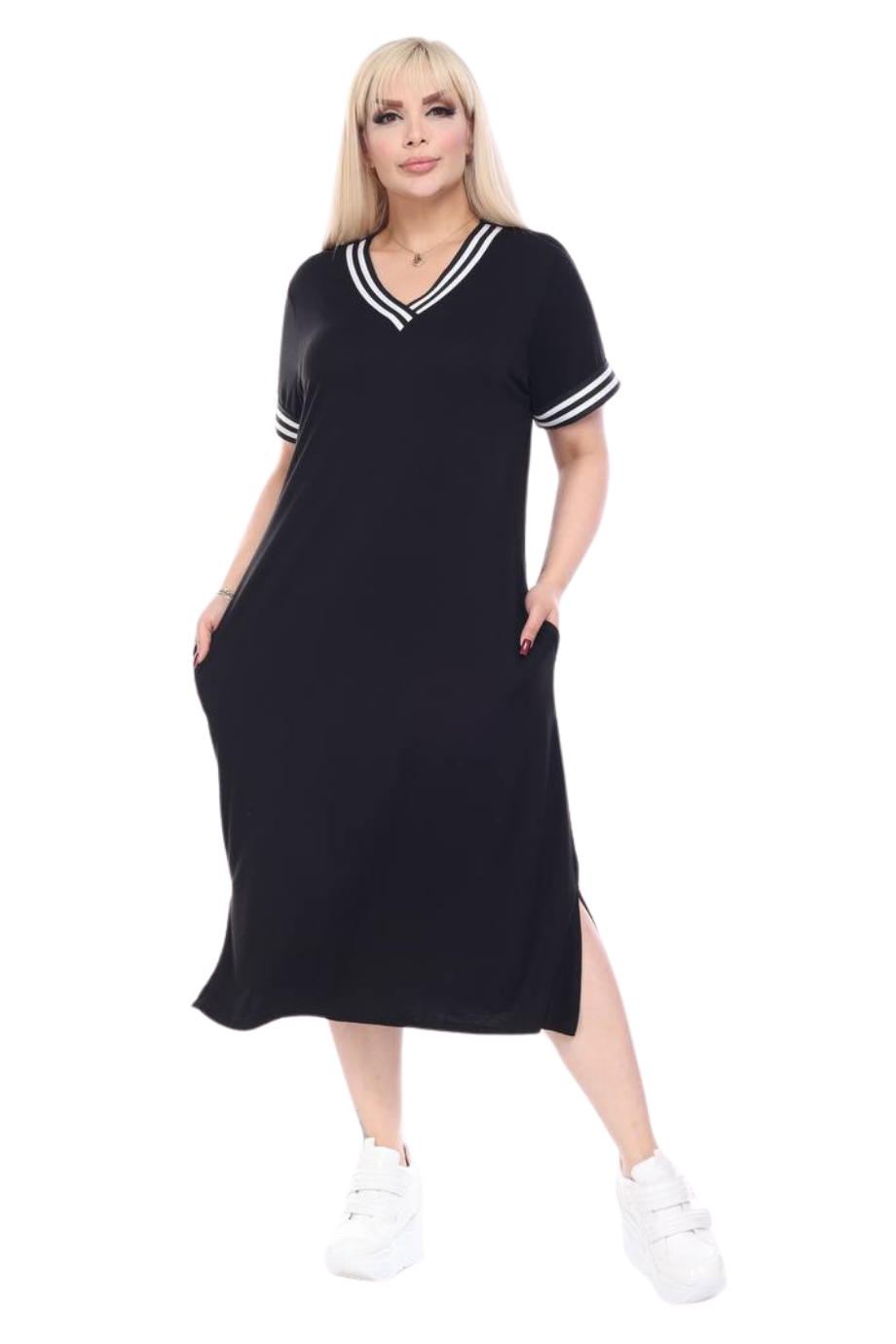 Melsay Butik Siyah Yakası Şeritli V Yaka Midi Elbise