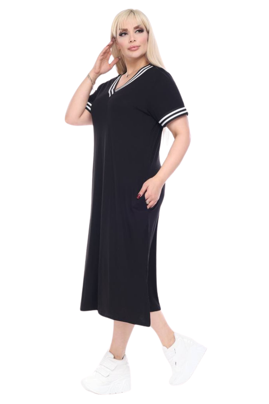 Melsay Butik Siyah Yakası Şeritli V Yaka Midi Elbise