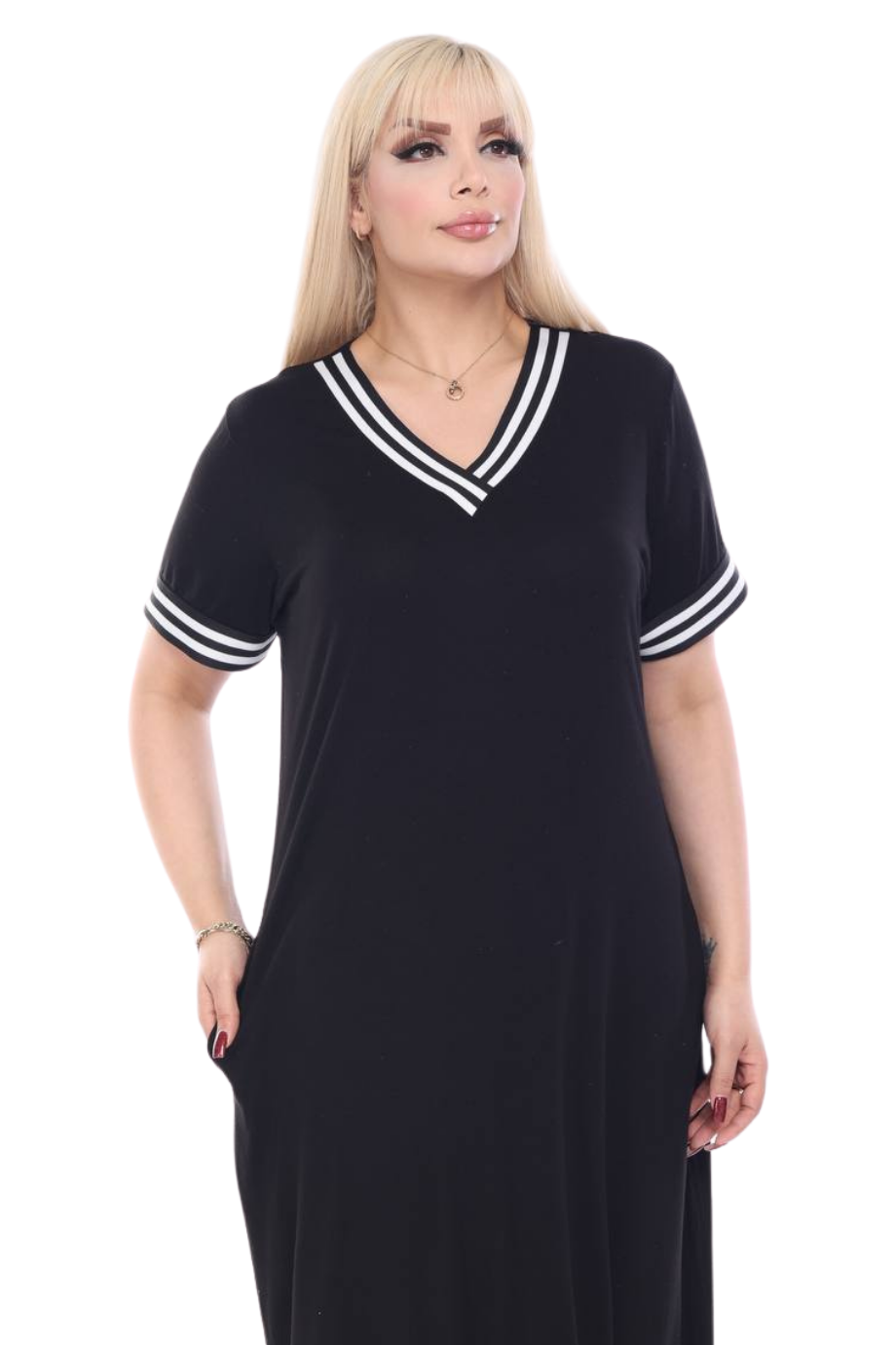 Melsay Butik Siyah Yakası Şeritli V Yaka Midi Elbise