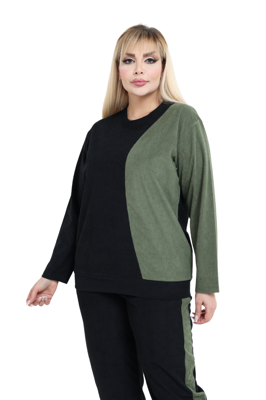 Melsay Butik Siyah Yeşil Fitilli Kadife Yarım Garni Kadın Eşofman Takımı