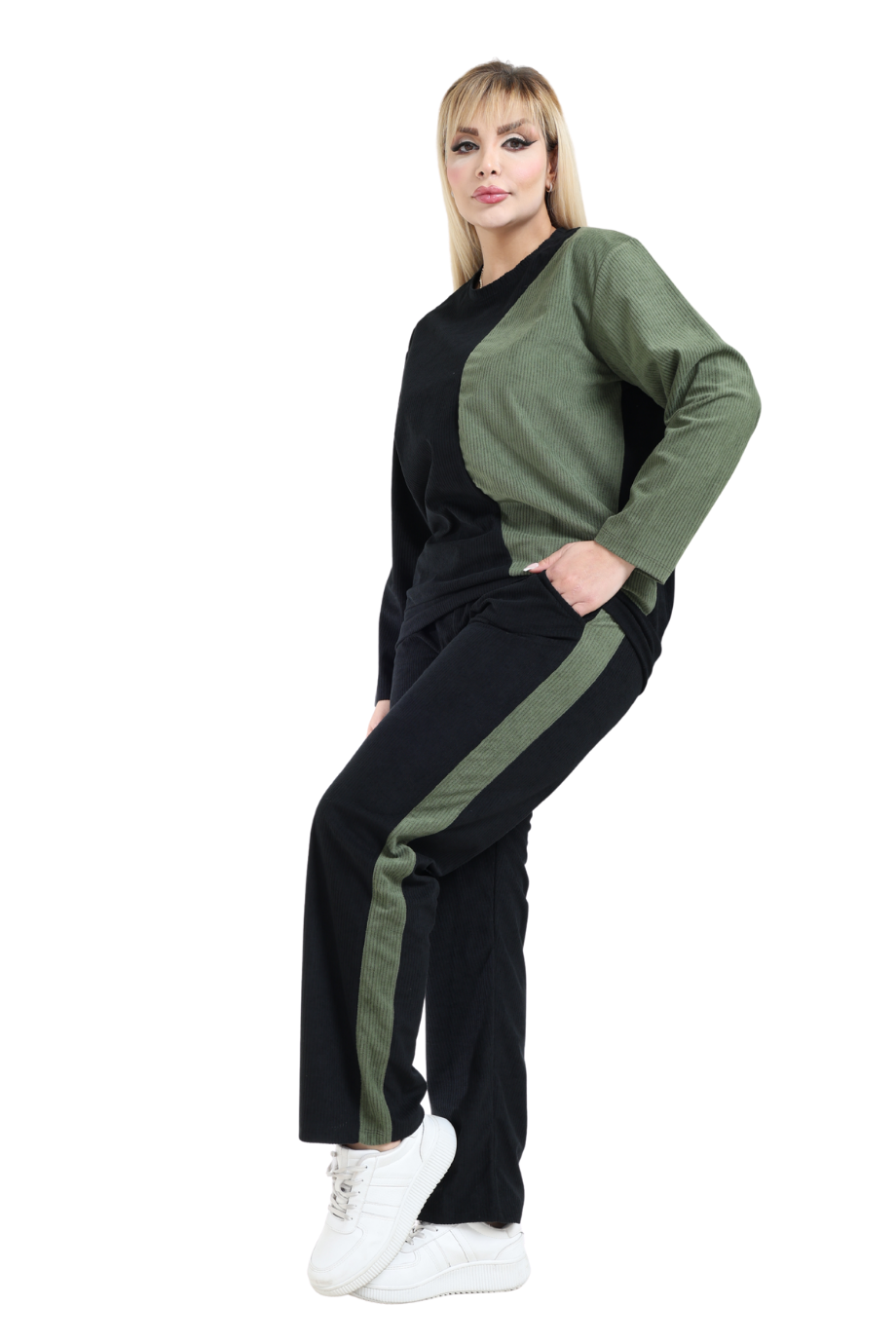 Melsay Butik Siyah Yeşil Fitilli Kadife Yarım Garni Kadın Eşofman Takımı