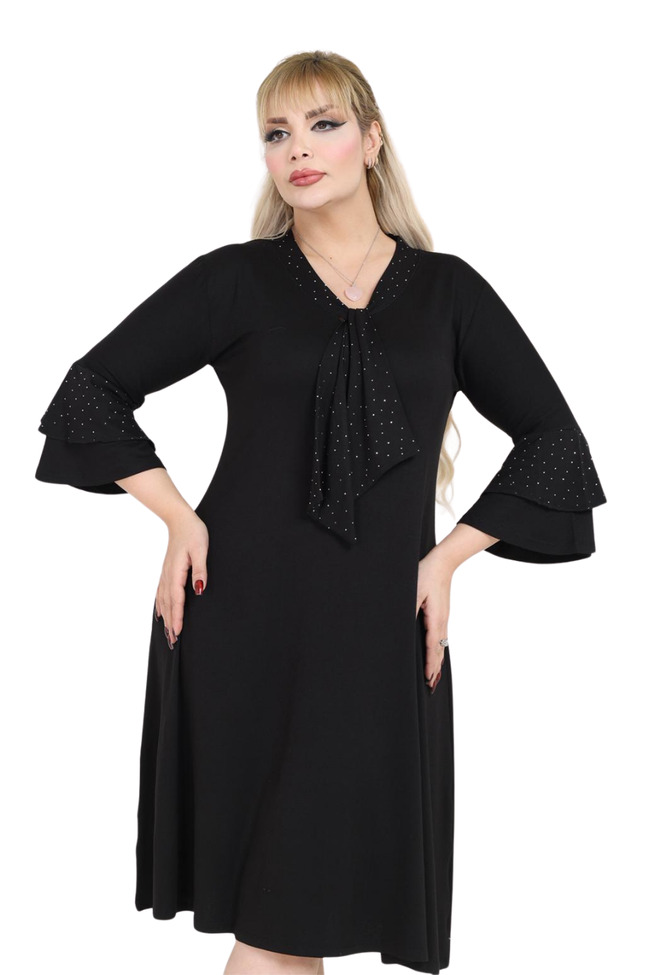 Melsay Butik Taş Baskılı Fularlı Siyah Truvakar Kol Kadın Midi Elbise