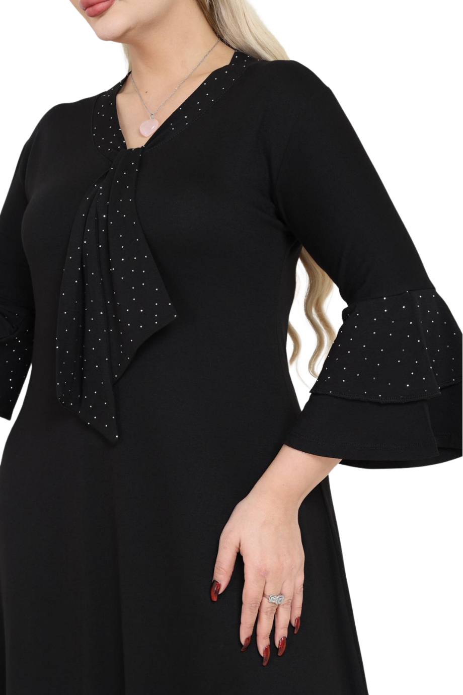 Melsay Butik Taş Baskılı Fularlı Siyah Truvakar Kol Kadın Midi Elbise