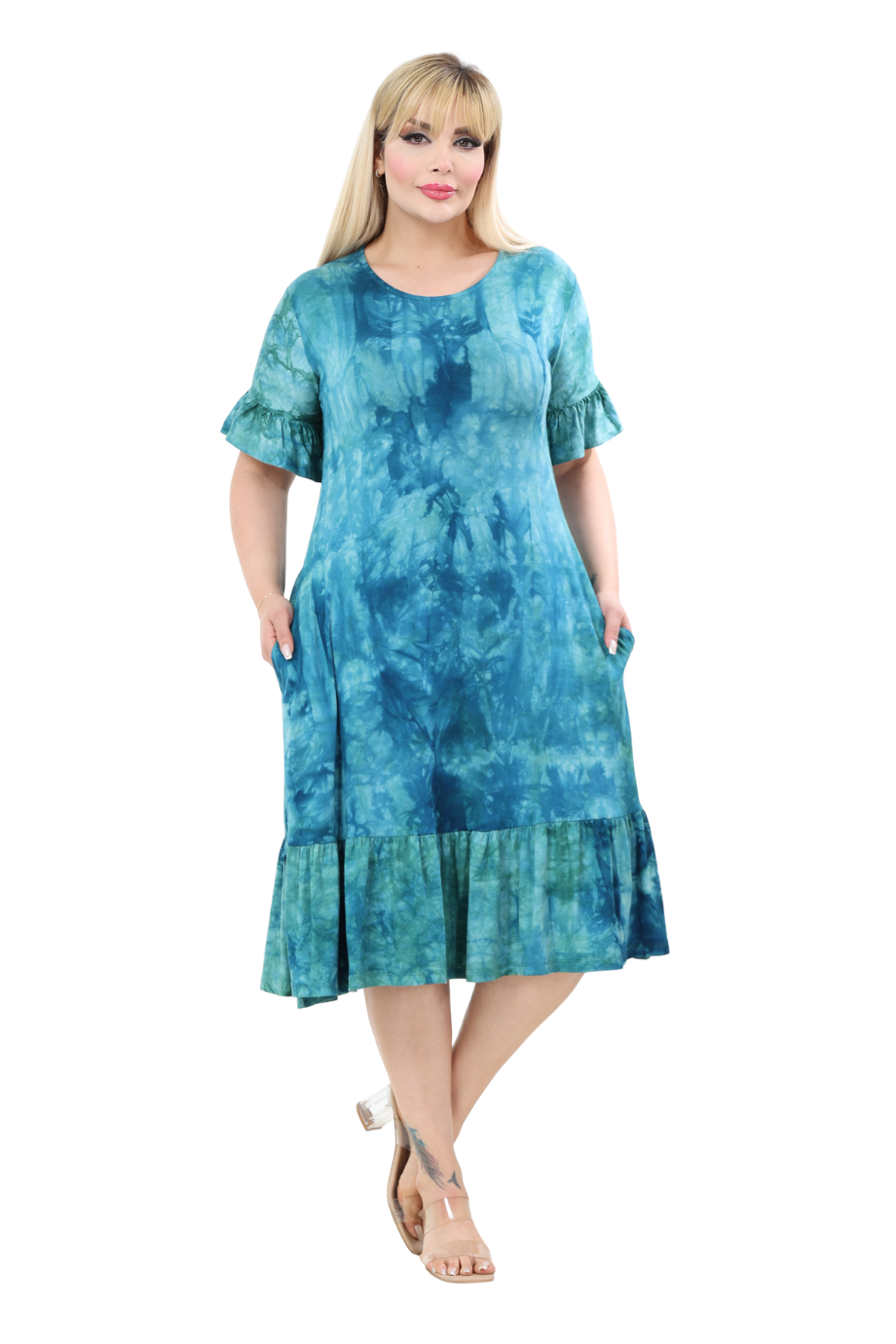 Melsay Butik Turkuaz Batik Yıkamalı Kısa Kollu Fırfırlı Cepli Kadın Midi Elbise