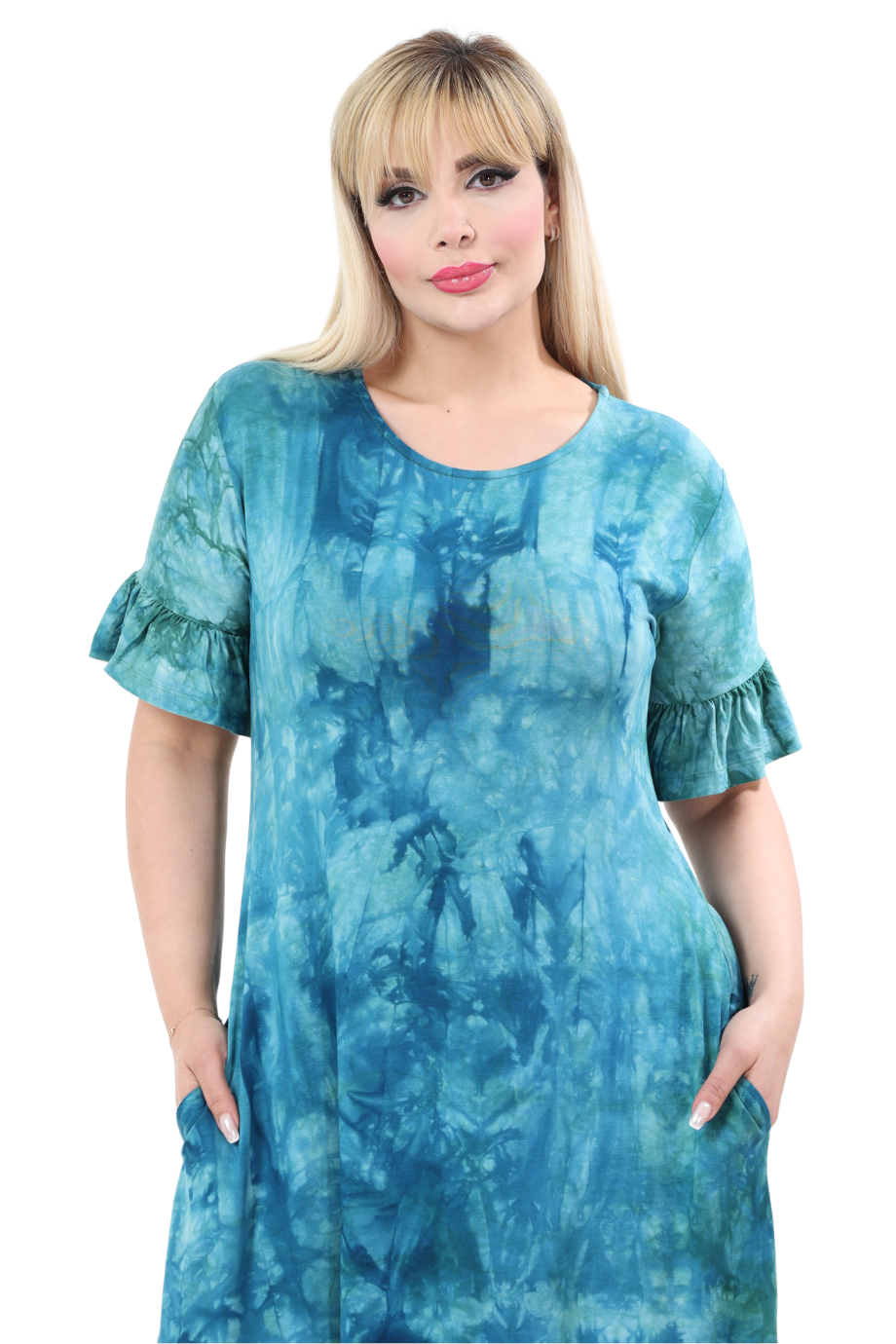 Melsay Butik Turkuaz Batik Yıkamalı Kısa Kollu Fırfırlı Cepli Kadın Midi Elbise