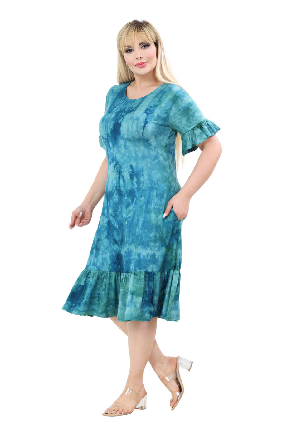Melsay Butik Turkuaz Batik Yıkamalı Kısa Kollu Fırfırlı Cepli Kadın Midi Elbise
