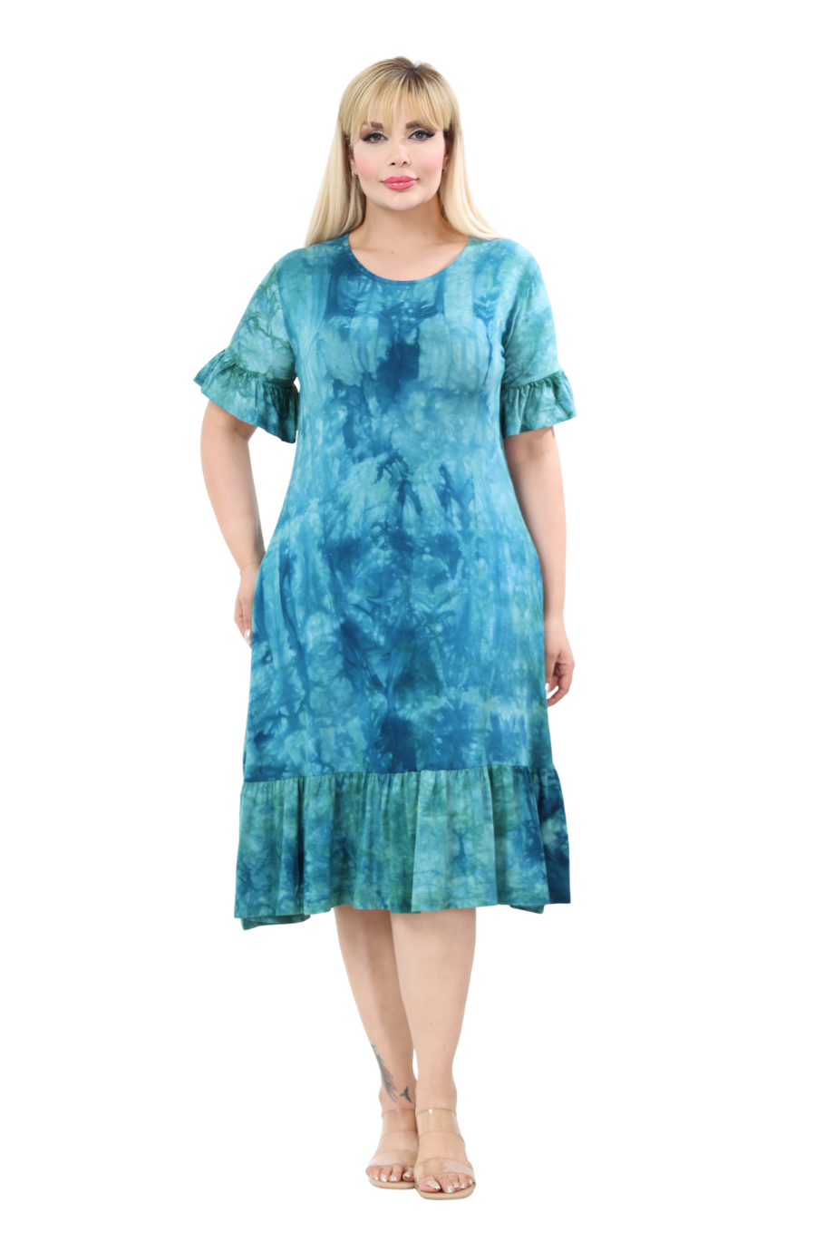 Melsay Butik Turkuaz Batik Yıkamalı Kısa Kollu Fırfırlı Cepli Kadın Midi Elbise