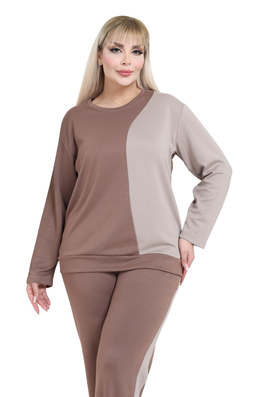 Melsay Butik Vizon Ekru Renk Bloklu Modal Kadın Eşofman Takımı