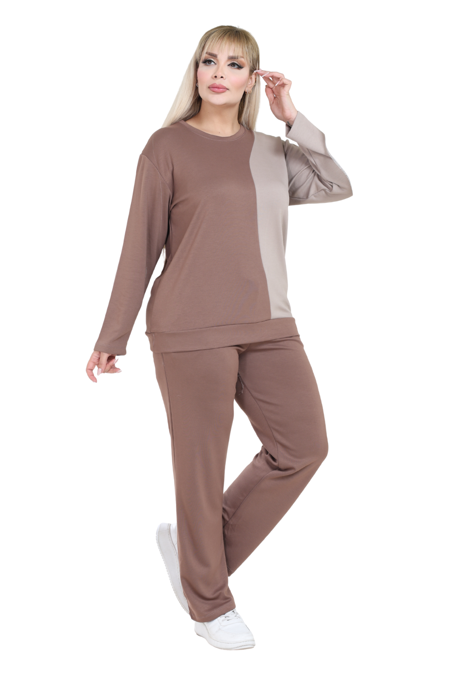 Melsay Butik Vizon Ekru Renk Bloklu Modal Kadın Eşofman Takımı