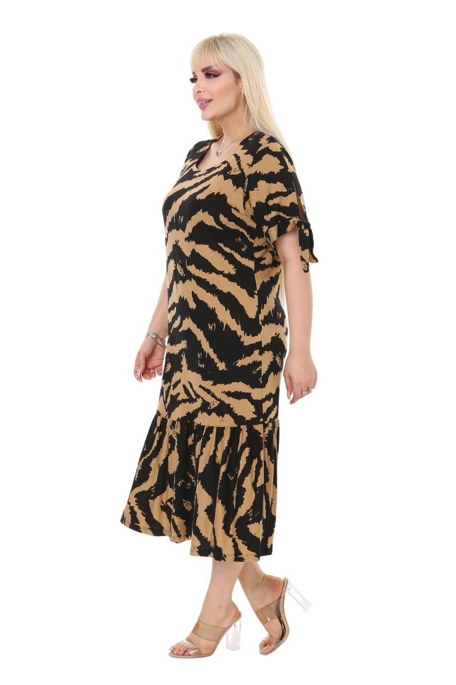 Melsay Butik Vizon Zebra Desen Bağlamalı Kısa Kollu Kadın Midi Elbise