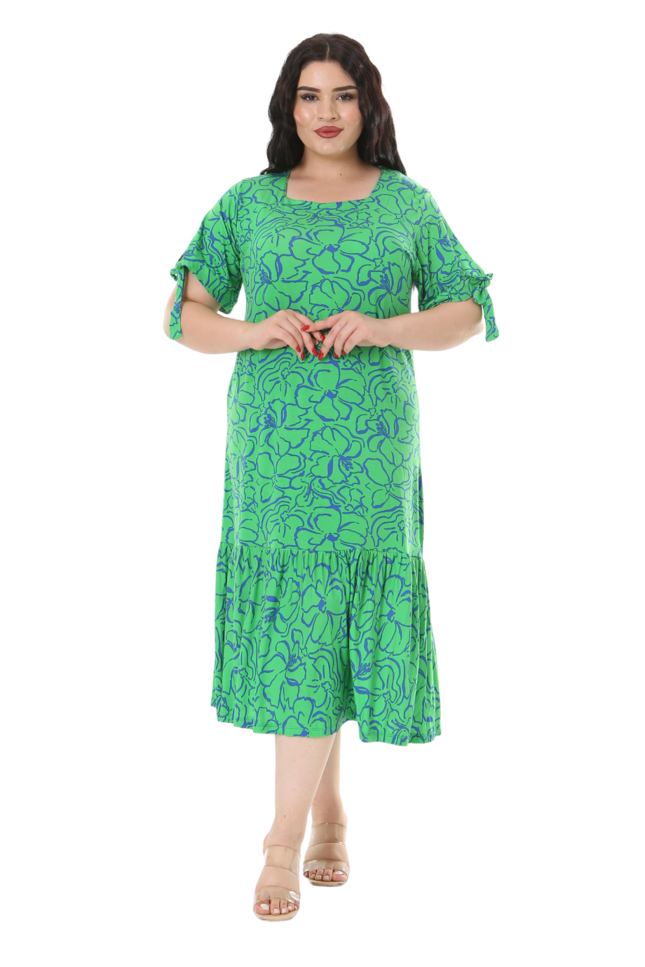 Melsay Butik Yeşil Çiçek Desen Kolları Bağlamalı Kısa Kollu Kadın Midi Elbise