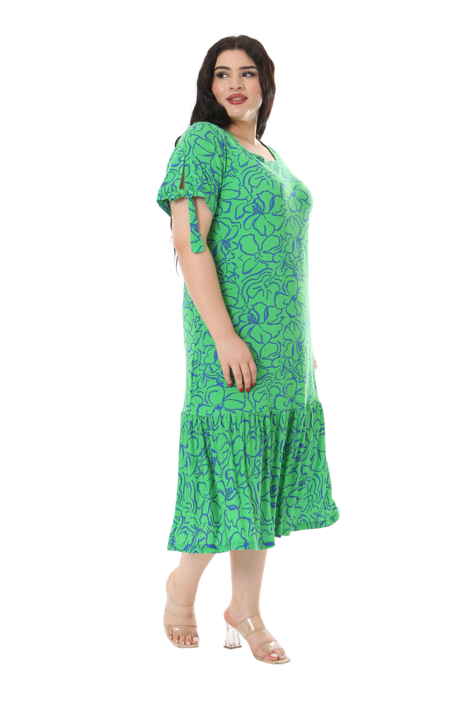 Melsay Butik Yeşil Çiçek Desen Kolları Bağlamalı Kısa Kollu Kadın Midi Elbise