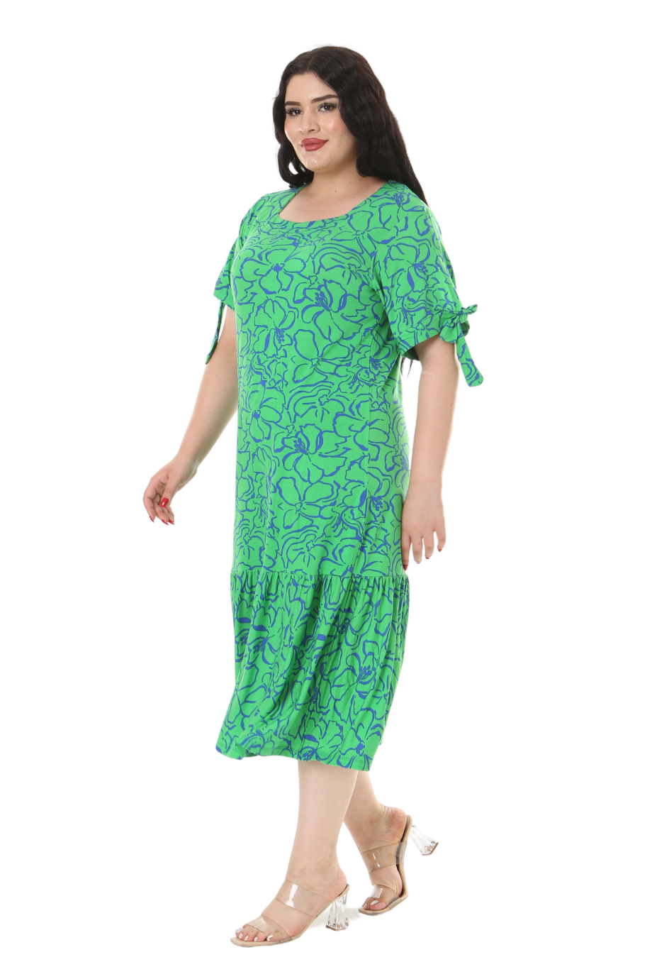 Melsay Butik Yeşil Çiçek Desen Kolları Bağlamalı Kısa Kollu Kadın Midi Elbise