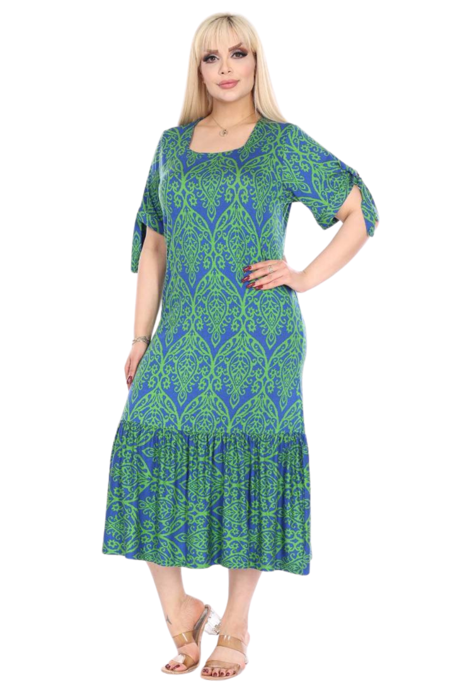 Melsay Butik Yeşil Dantel Desen Kolları Bağlamalı Kısa Kollu Kadın Midi Elbise