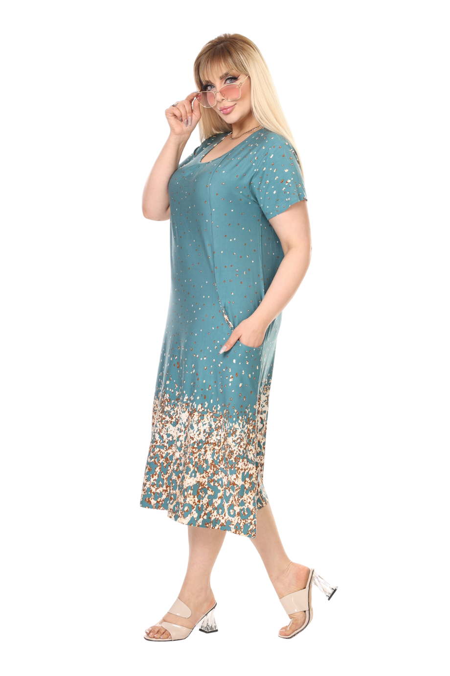 Melsay Butik Yeşil Puanlı Eteği Leopar Desen Kuplu Cepli Kısa Kol Kadın Midi Elbise
