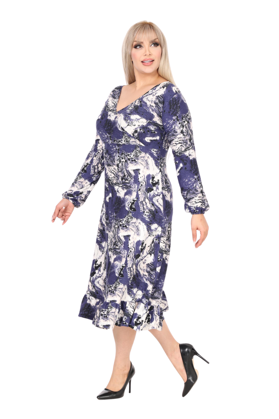 Melsay Butik Yumoş Kumaş Kruvaze Yaka Mavi Batik Desen Eteği Fırfırlı Midi Elbise