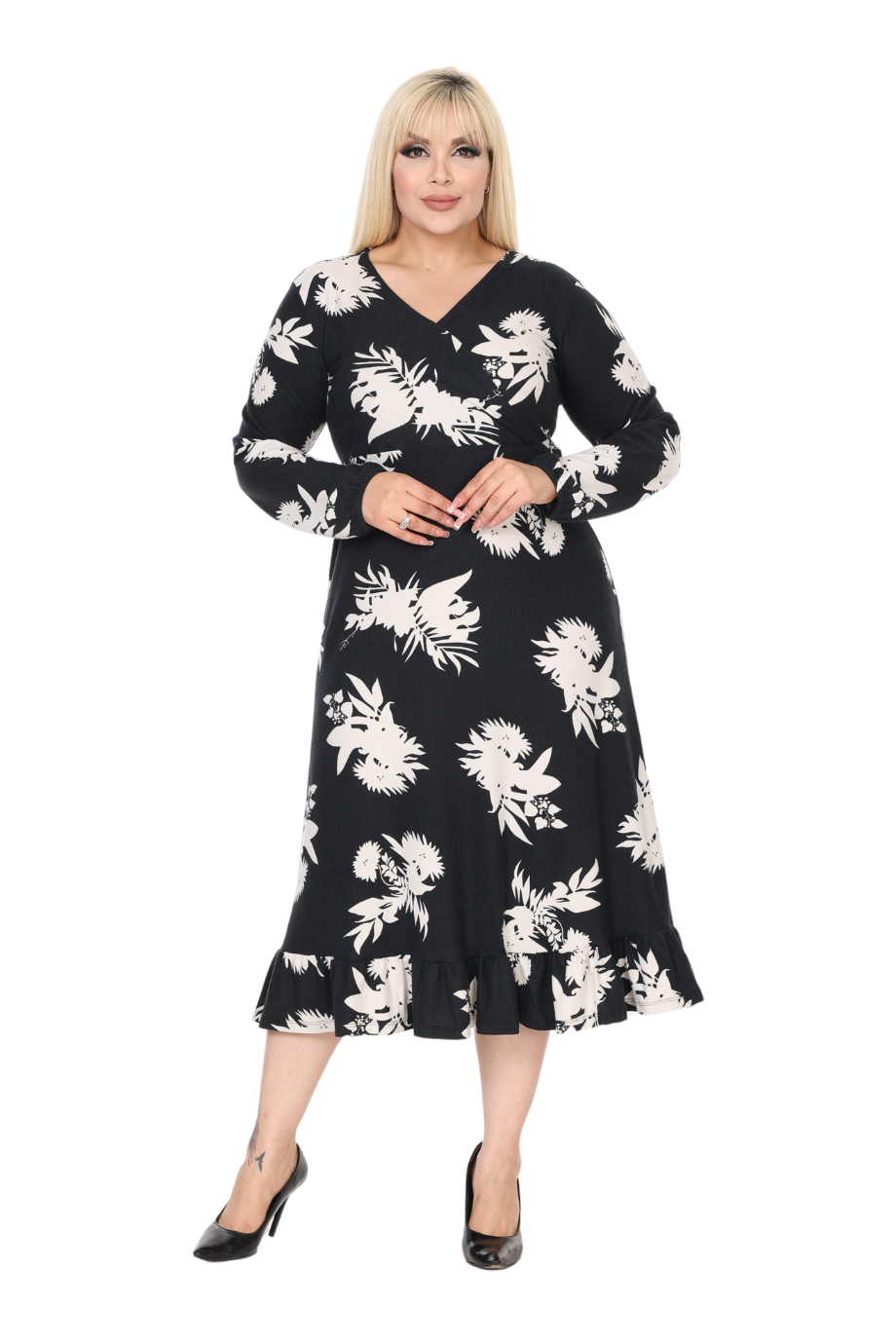 Melsay Butik Yumoş Kumaş Kruvaze Yaka Siyah Beyaz Yaprak Desen Eteği Fırfırlı Midi Elbise