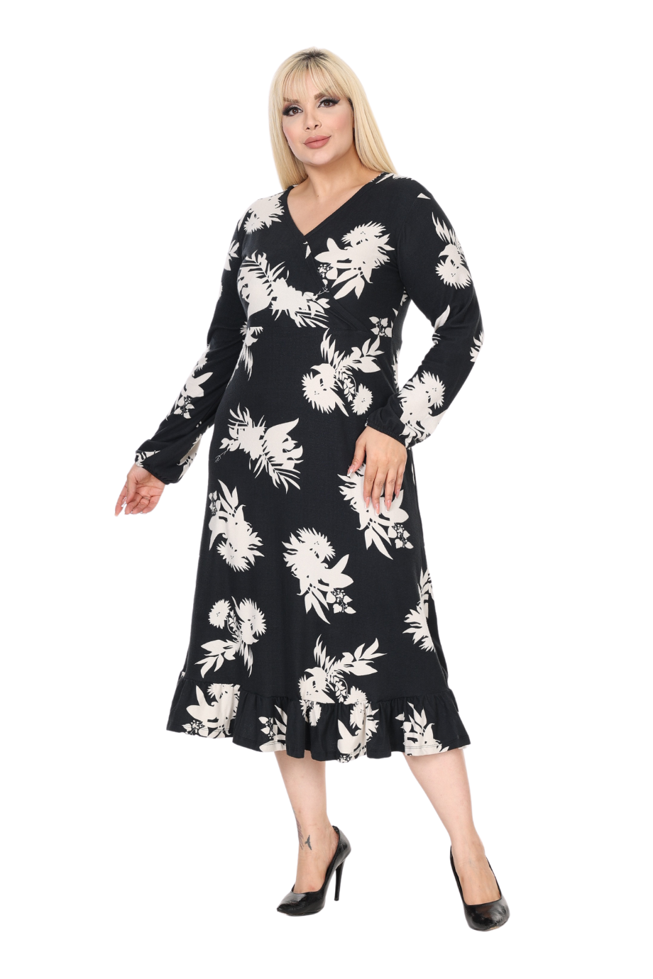 Melsay Butik Yumoş Kumaş Kruvaze Yaka Siyah Beyaz Yaprak Desen Eteği Fırfırlı Midi Elbise