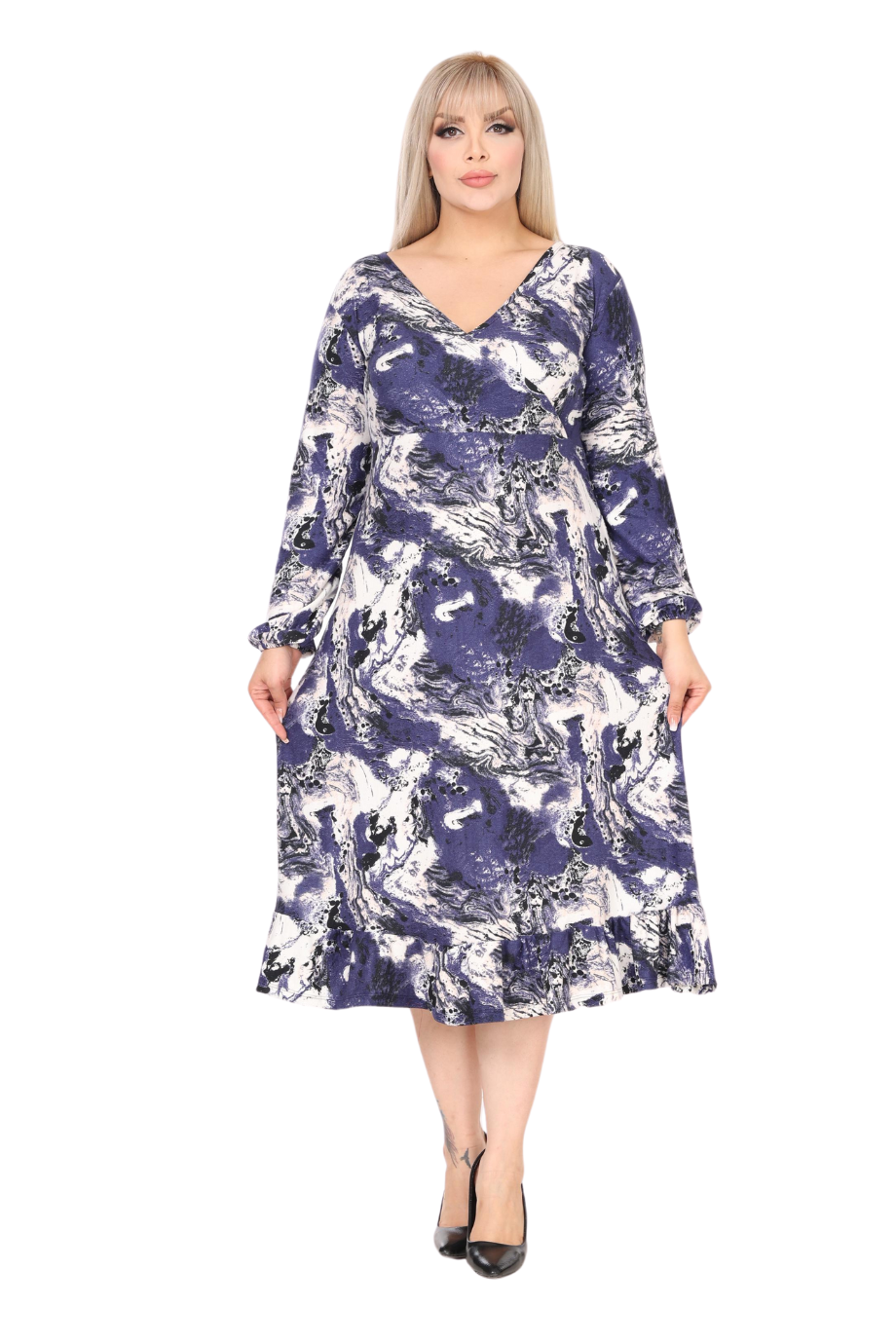 Melsay Butik Yumoş Kumaş Kruvaze Yaka Mavi Batik Desen Eteği Fırfırlı Midi Elbise