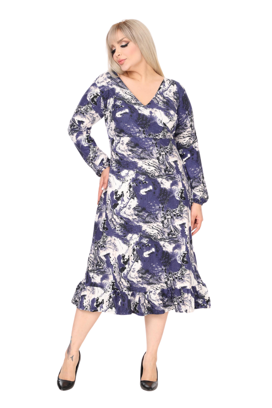 Melsay Butik Yumoş Kumaş Kruvaze Yaka Mavi Batik Desen Eteği Fırfırlı Midi Elbise