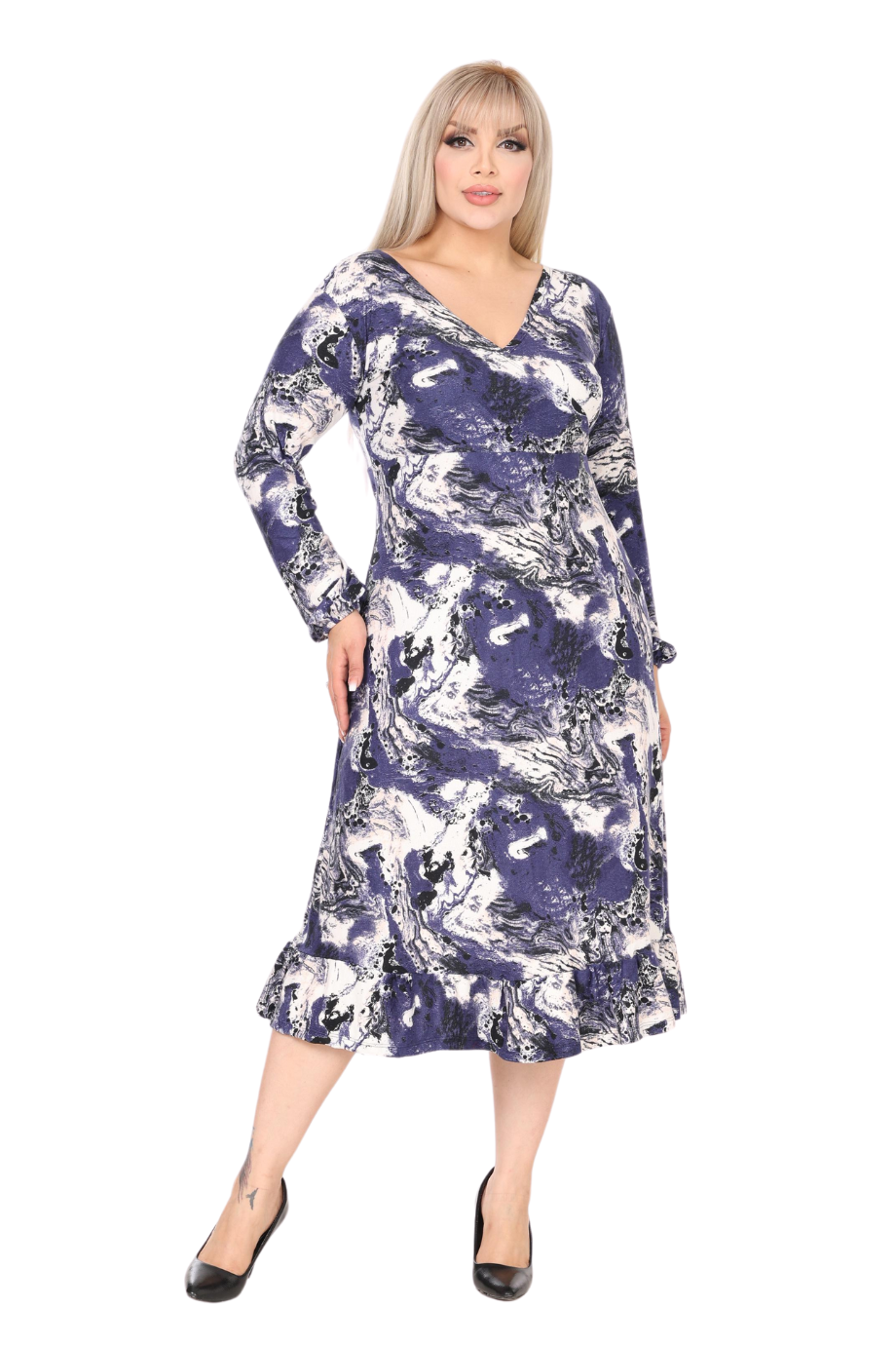 Melsay Butik Yumoş Kumaş Kruvaze Yaka Mavi Batik Desen Eteği Fırfırlı Midi Elbise