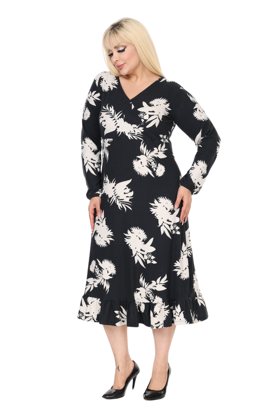 Melsay Butik Yumoş Kumaş Kruvaze Yaka Siyah Beyaz Yaprak Desen Eteği Fırfırlı Midi Elbise