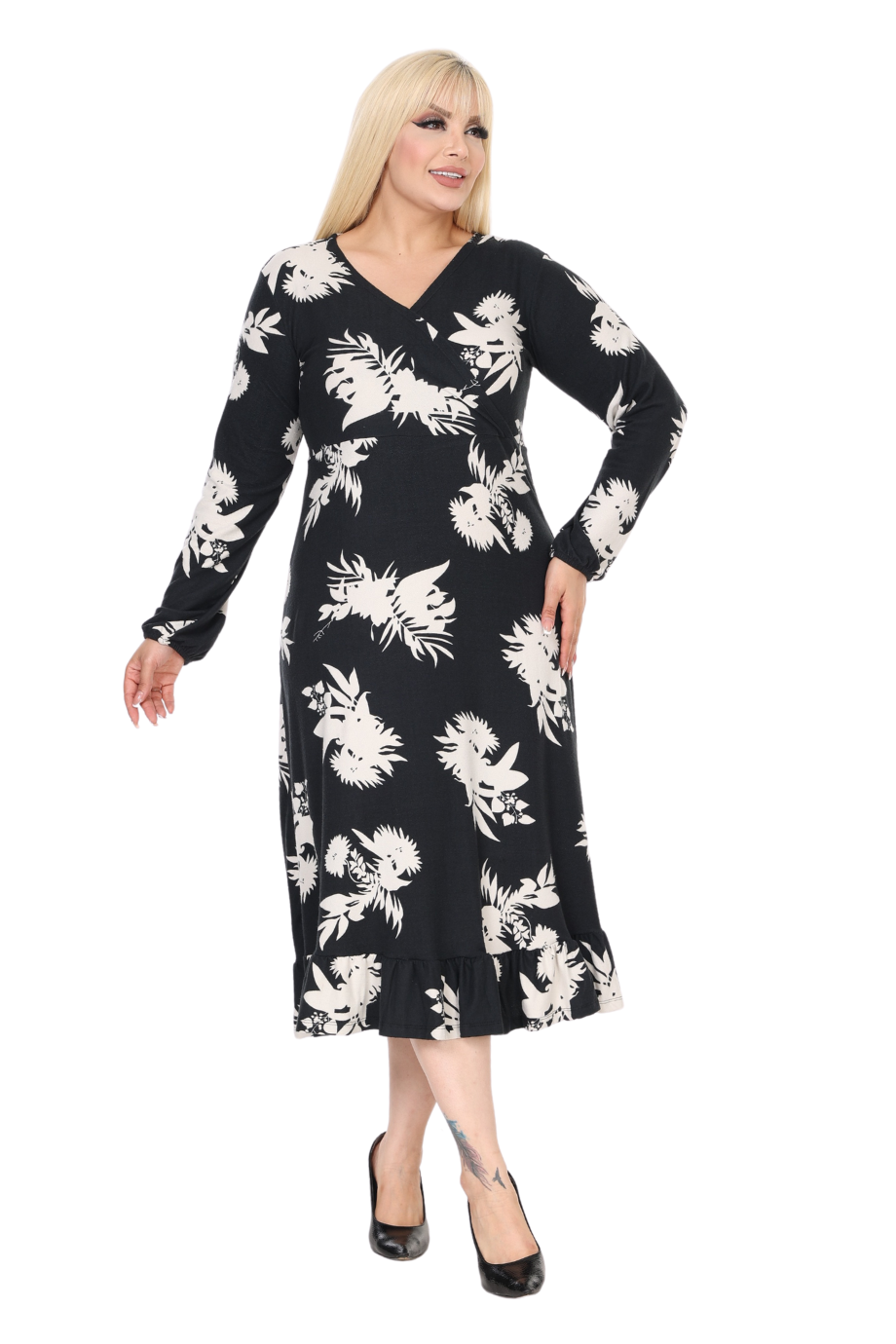 Melsay Butik Yumoş Kumaş Kruvaze Yaka Siyah Beyaz Yaprak Desen Eteği Fırfırlı Midi Elbise