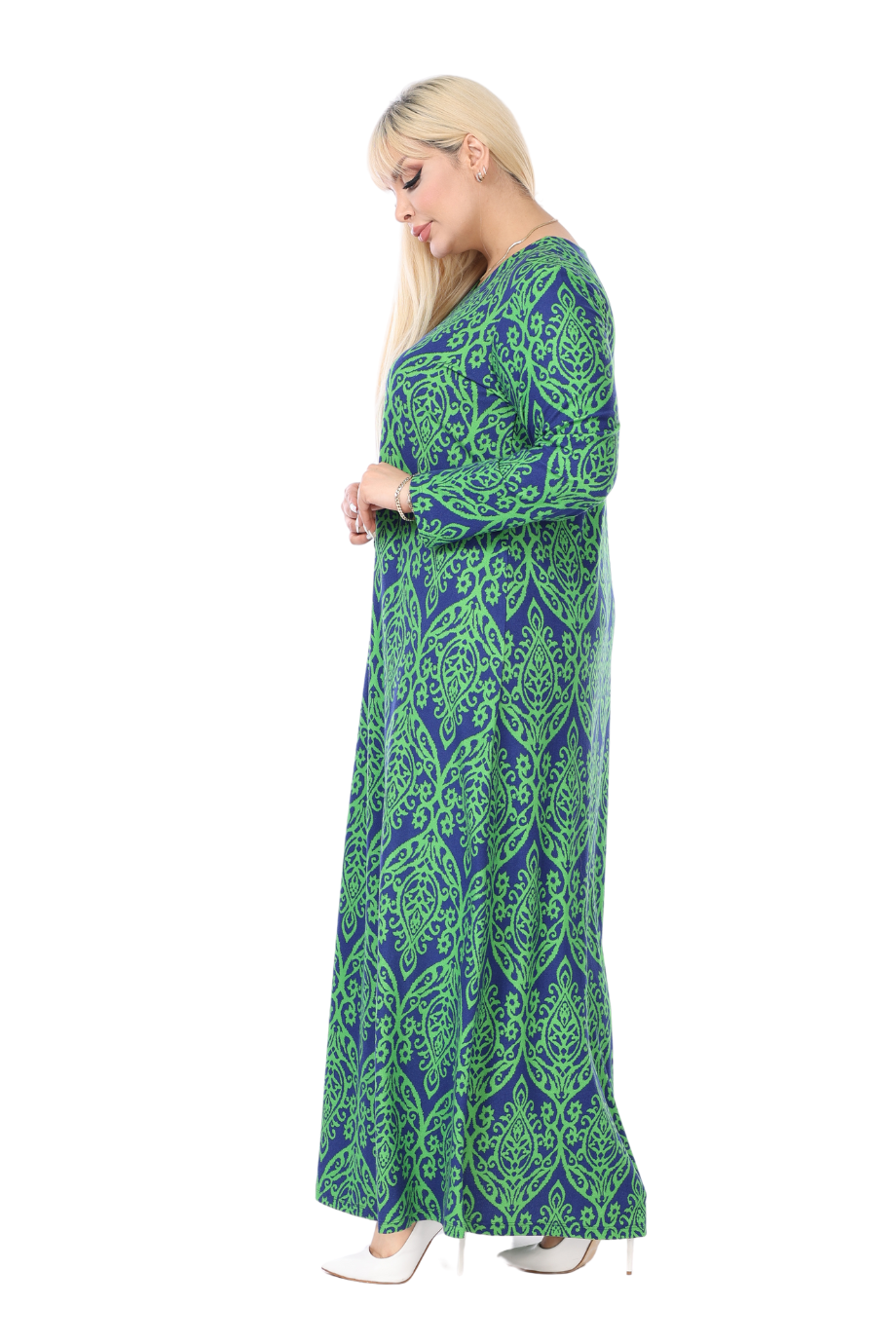 Melsay Butik Yumoş Kumaş Yeşil Dantel Desen Uzun Kollu Kadın Tesettür Elbise