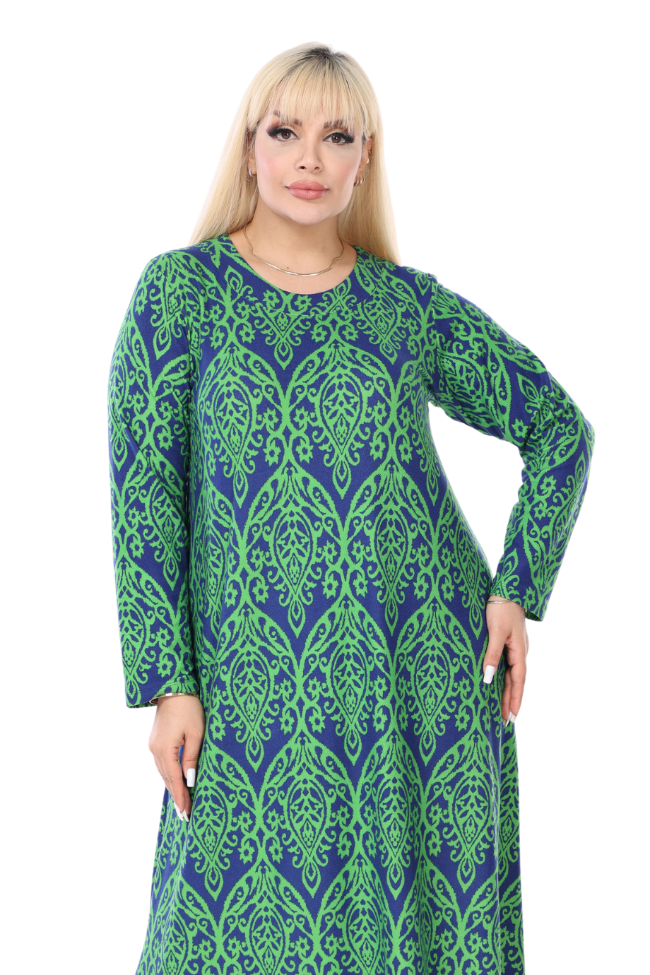 Melsay Butik Yumoş Kumaş Yeşil Dantel Desen Uzun Kollu Kadın Tesettür Elbise