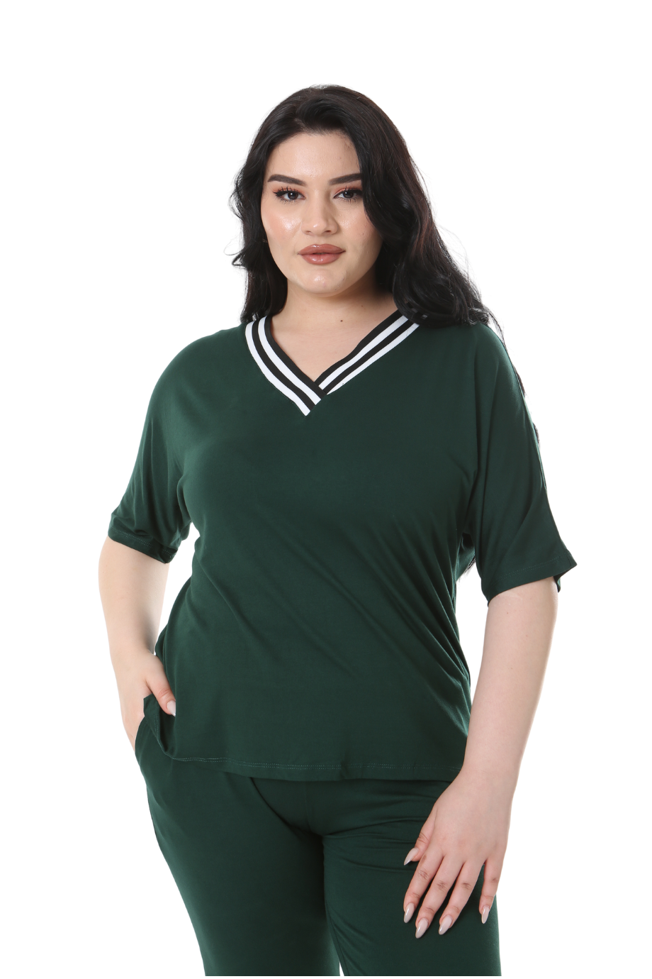 Melsay Butik Zümrüt Yeşil V Yaka Şerit Detaylı Kısa Kollu Beli Lastikli Kapri Takım