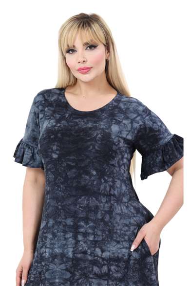 Melsay Butik Antrasit Batik Yıkamalı Fırfırlı Cepli Kısa Kollu Kadın Midi Elbise