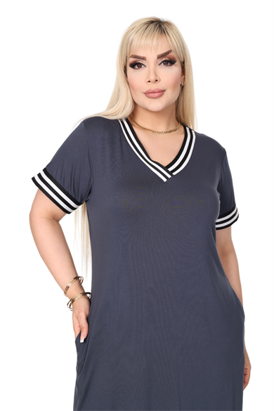 Melsay Butik Antrasit Yakası Şeritli V Yaka Midi Elbise