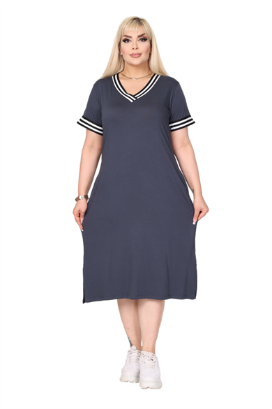 Melsay Butik Antrasit Yakası Şeritli V Yaka Midi Elbise