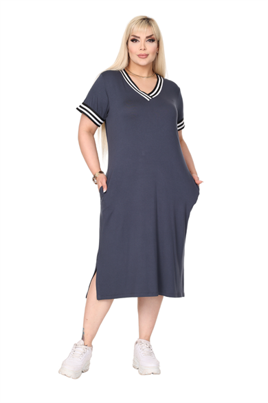 Melsay Butik Antrasit Yakası Şeritli V Yaka Midi Elbise