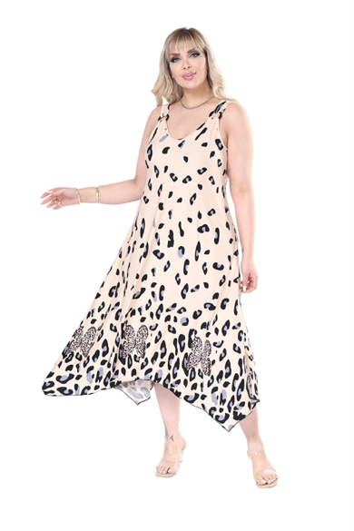 Melsay Butik Askılı V Yaka Bej Sulu Leopar Desen Elbise