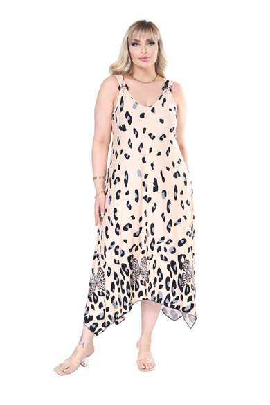 Melsay Butik Askılı V Yaka Bej Sulu Leopar Desen Elbise