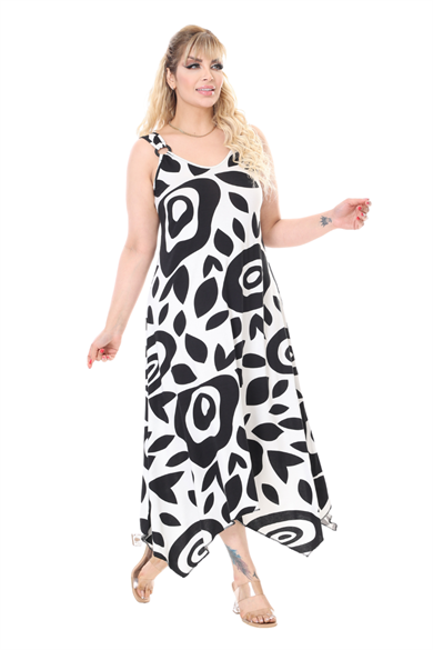 Melsay Butik Askılı V Yaka Beyaz Nazar Desen Elbise